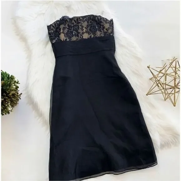 Womens Ann Taylor Petites Black Onyx Lace Strapless Overlay Vintage Chic Dress 0 - Picture 3 of 4